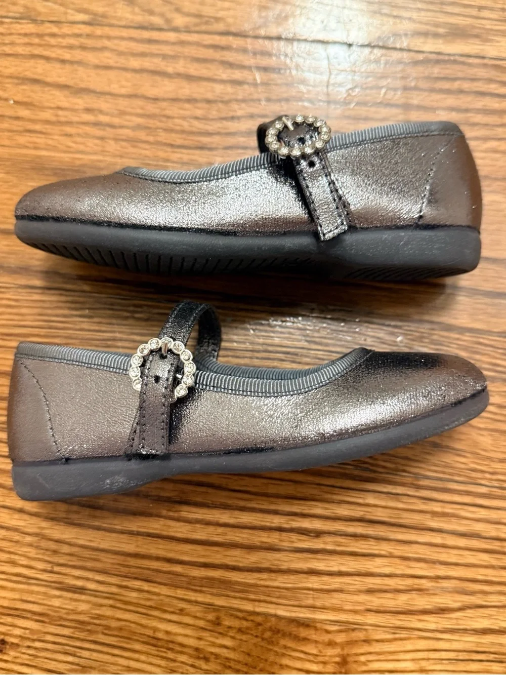 Childrenchic Girls Shimmery Pewter Mary Jane Dress Shoes with Rhinestone Buckle